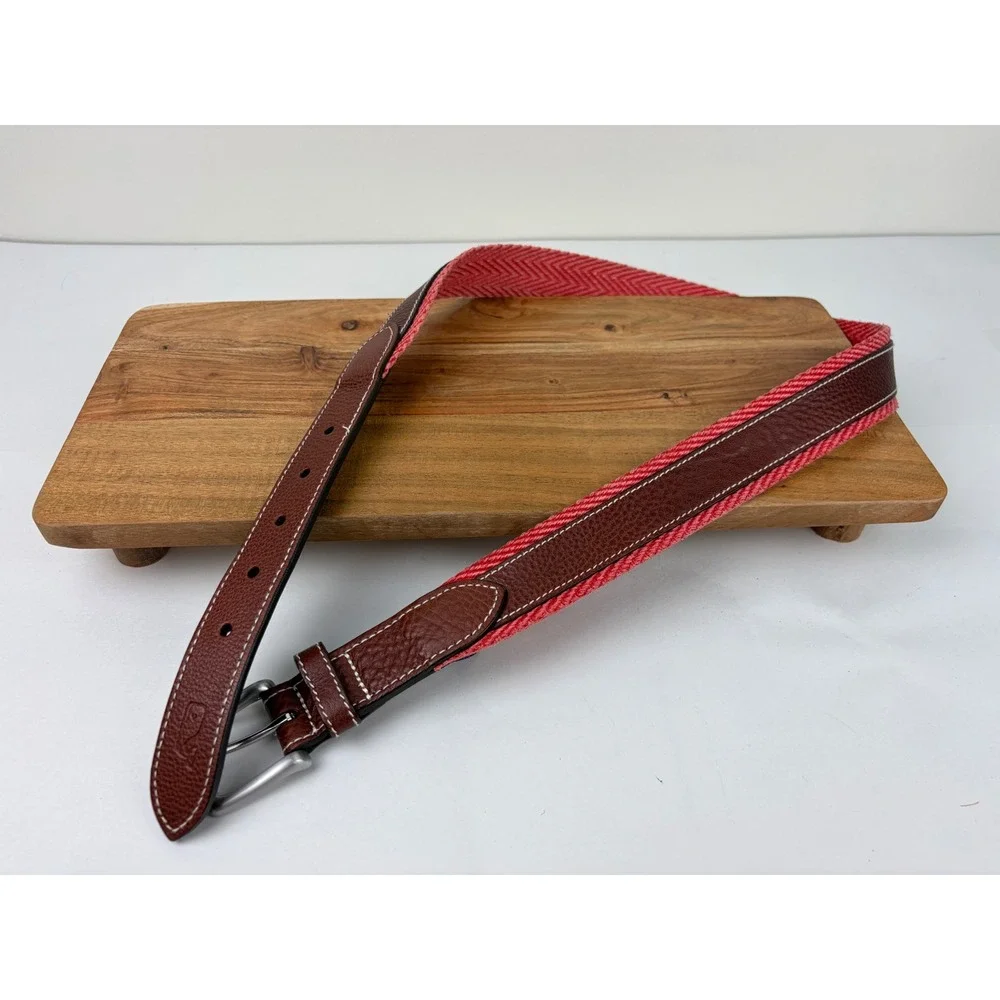 Vineyard Vines Belt 34 Brown Jetty Red Pebbled Leather Chevron Webbing Preppy‎